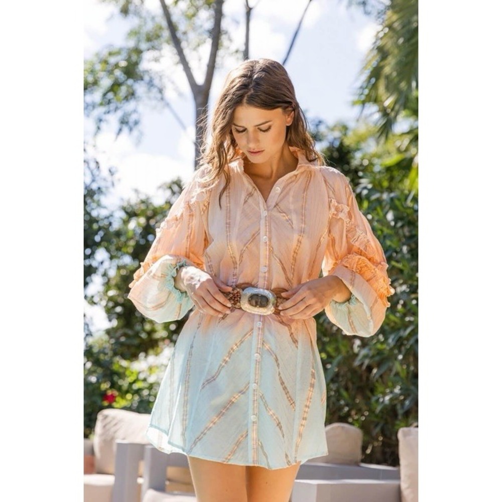 Miss June Paris Shirt Dress Ombré Ruffle Boho Feminine Pink Blue One Size Loose